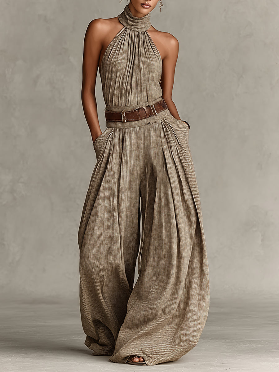 Caterina | Jumpsuit taupe de pierna ancha con cuello halter estilo boho