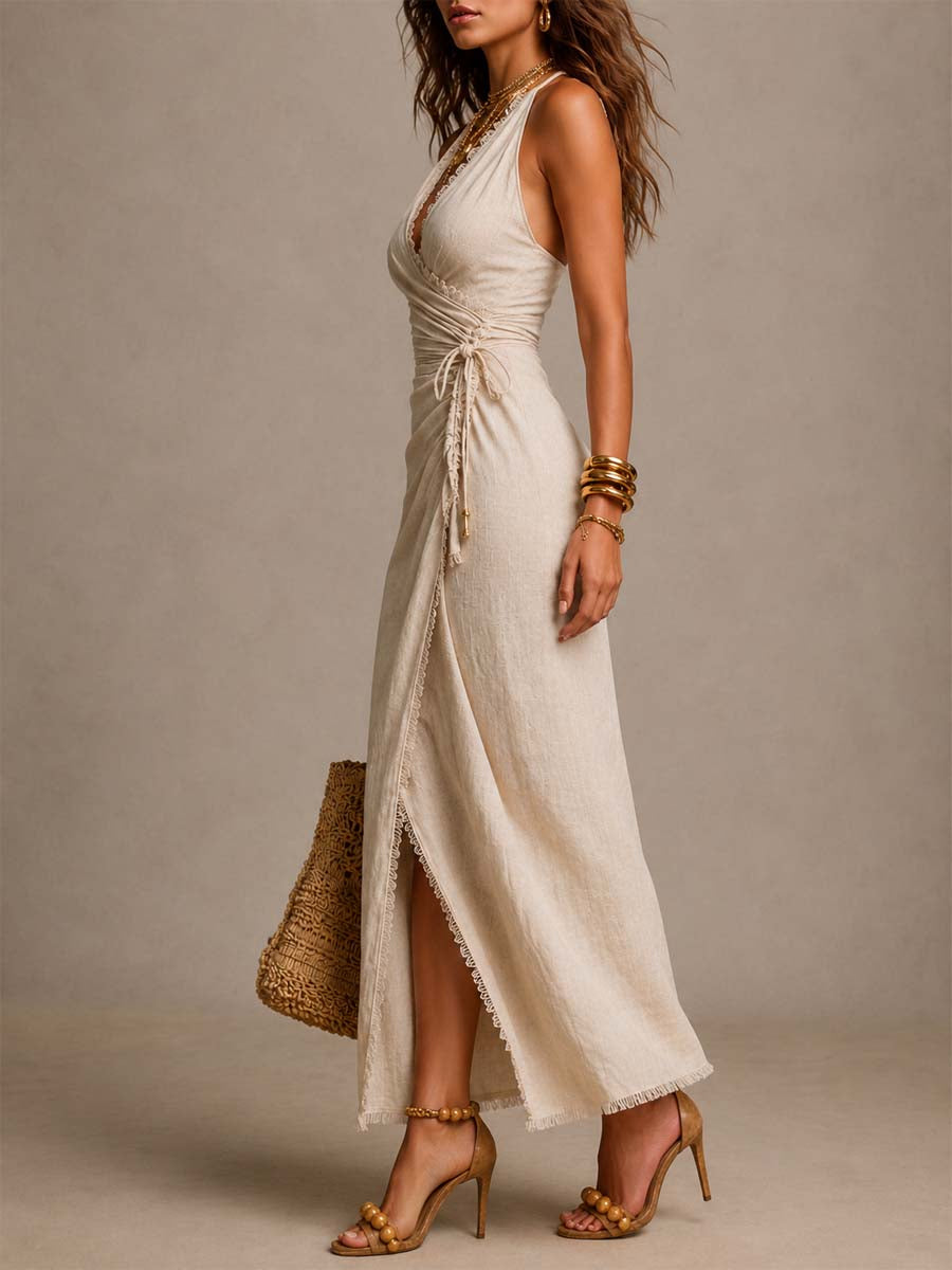 Isabella | Vestido Maxi Cruzado de Mezcla de Lino con Encaje, Beige