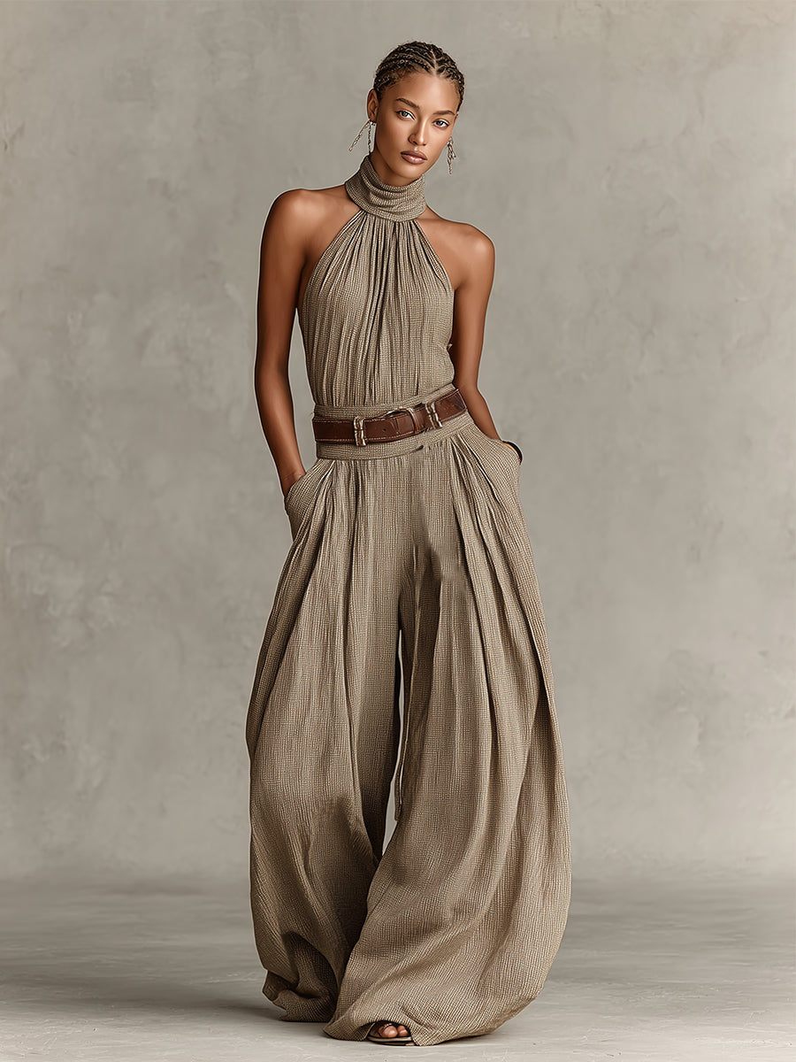 Caterina | Jumpsuit taupe de pierna ancha con cuello halter estilo boho