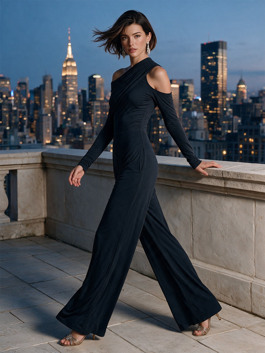 Dafne | Jumpsuit de Un Solo Hombro con Drapeado y Pierna Ancha, Negro
