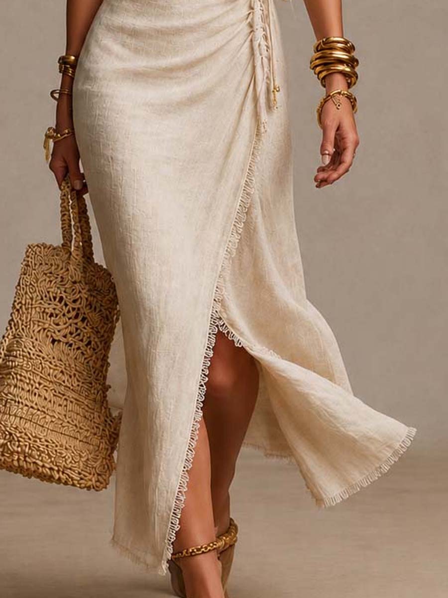 Isabella | Vestido Maxi Cruzado de Mezcla de Lino con Encaje, Beige