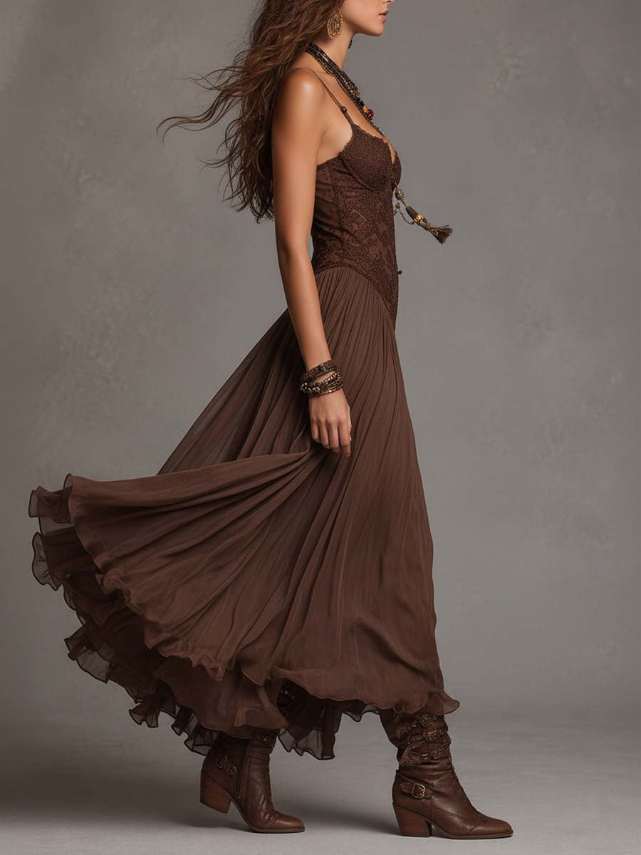 Federica | Vestido Maxi de Chifón y Encaje, Café