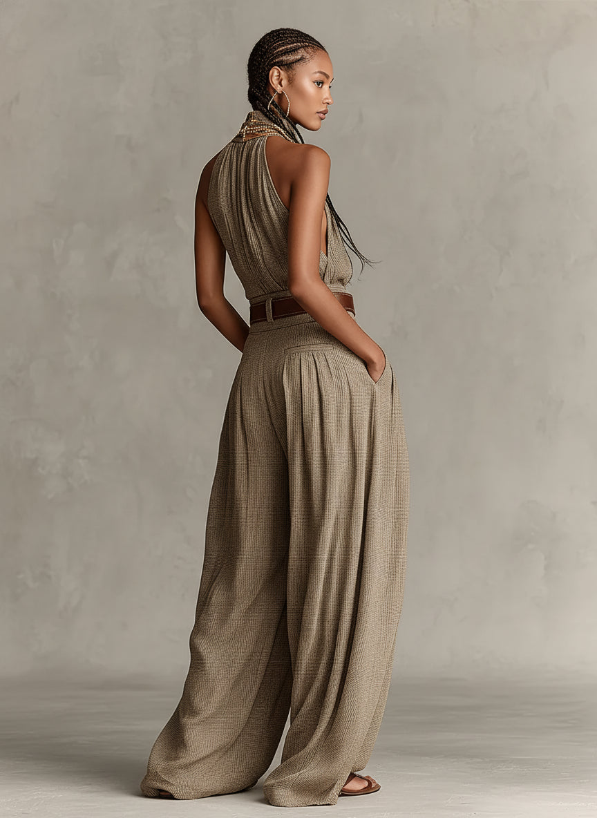 Caterina | Jumpsuit taupe de pierna ancha con cuello halter estilo boho