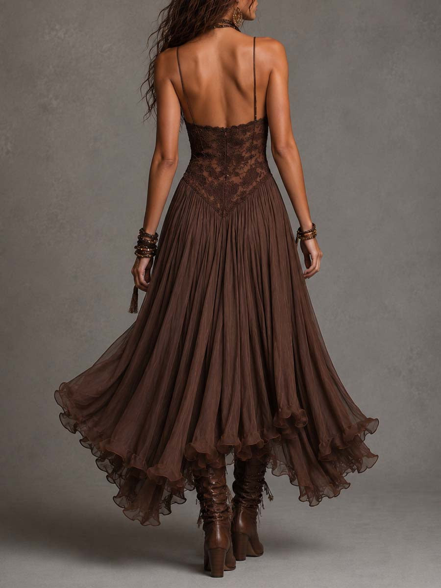 Federica | Vestido Maxi de Chifón y Encaje, Café