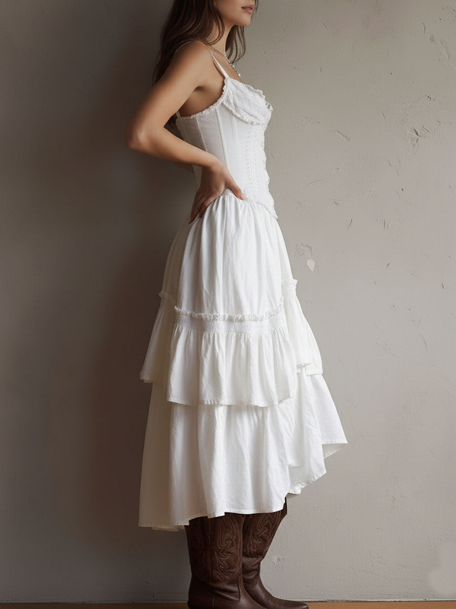 Marisela | Vestido midi con corsé, olanes escalonados y encaje
