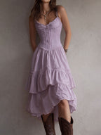 Marisela | Vestido midi con corsé, olanes escalonados y encaje