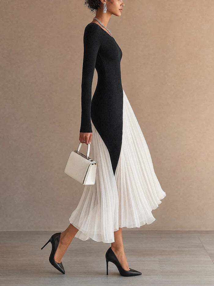 Iris | Vestido Midi Asimétrico de Chifón Plisado, Blanco y Negro