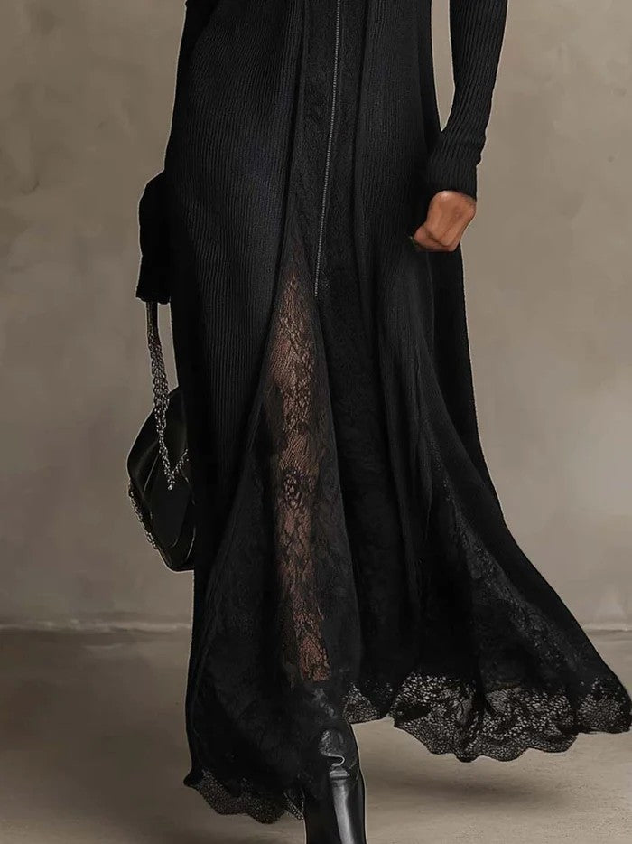 Nerissa | Vestido Maxi de Punto Acanalado con Encaje, Negro