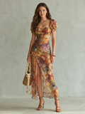 Ciel | Vestido midi fruncido con mangas de olán y abertura