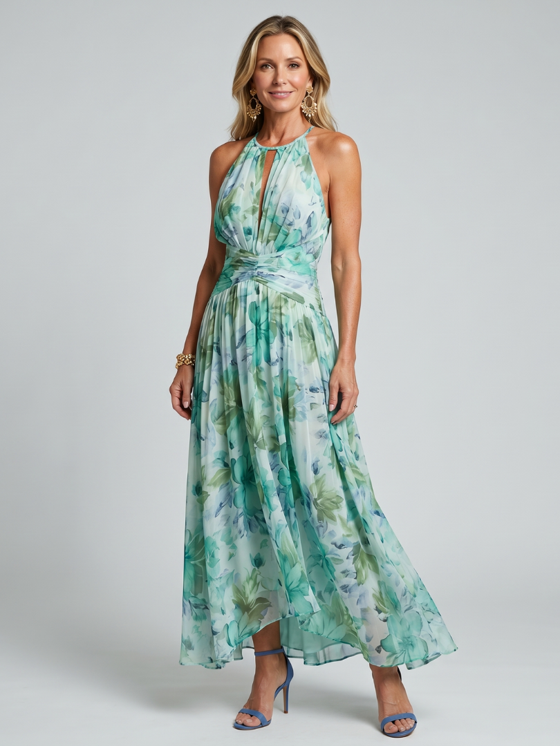 Nidia | Vestido largo plisado con cuello halter