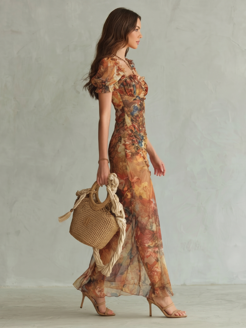 Ciel | Vestido midi fruncido con mangas de olán y abertura