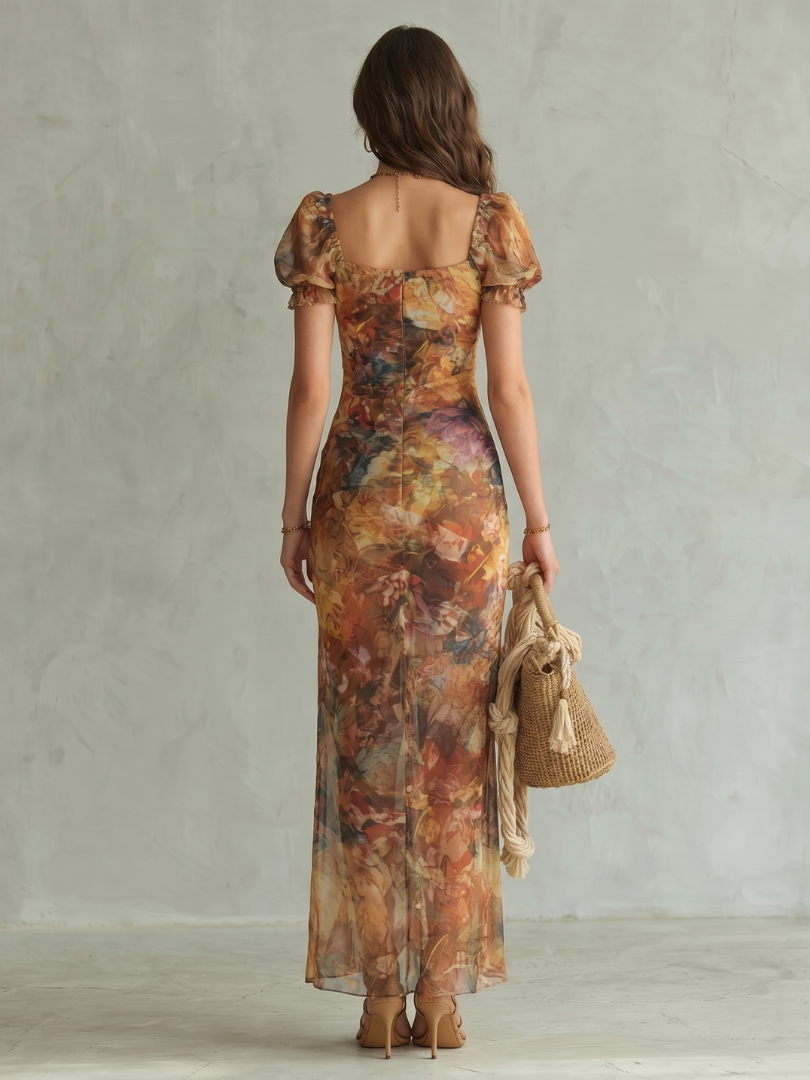 Ciel | Vestido midi fruncido con mangas de olán y abertura
