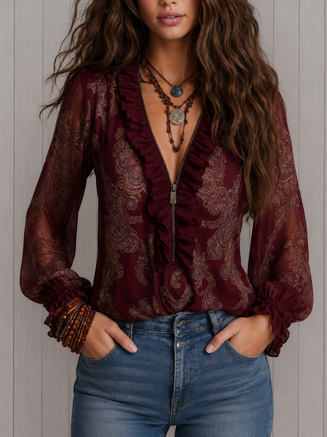 Elisa | Blusa de manga larga estampada con olán en el cuello