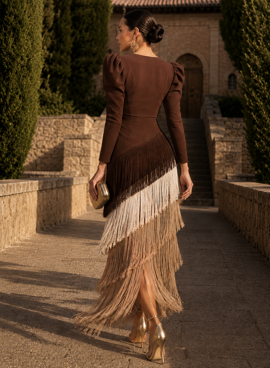 Doria | Vestido midi con flecos en capas y manga larga
