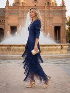 Doria | Vestido midi con flecos en capas y manga larga