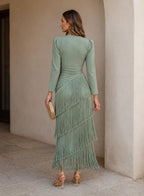 Doria | Vestido midi con flecos en capas y manga larga
