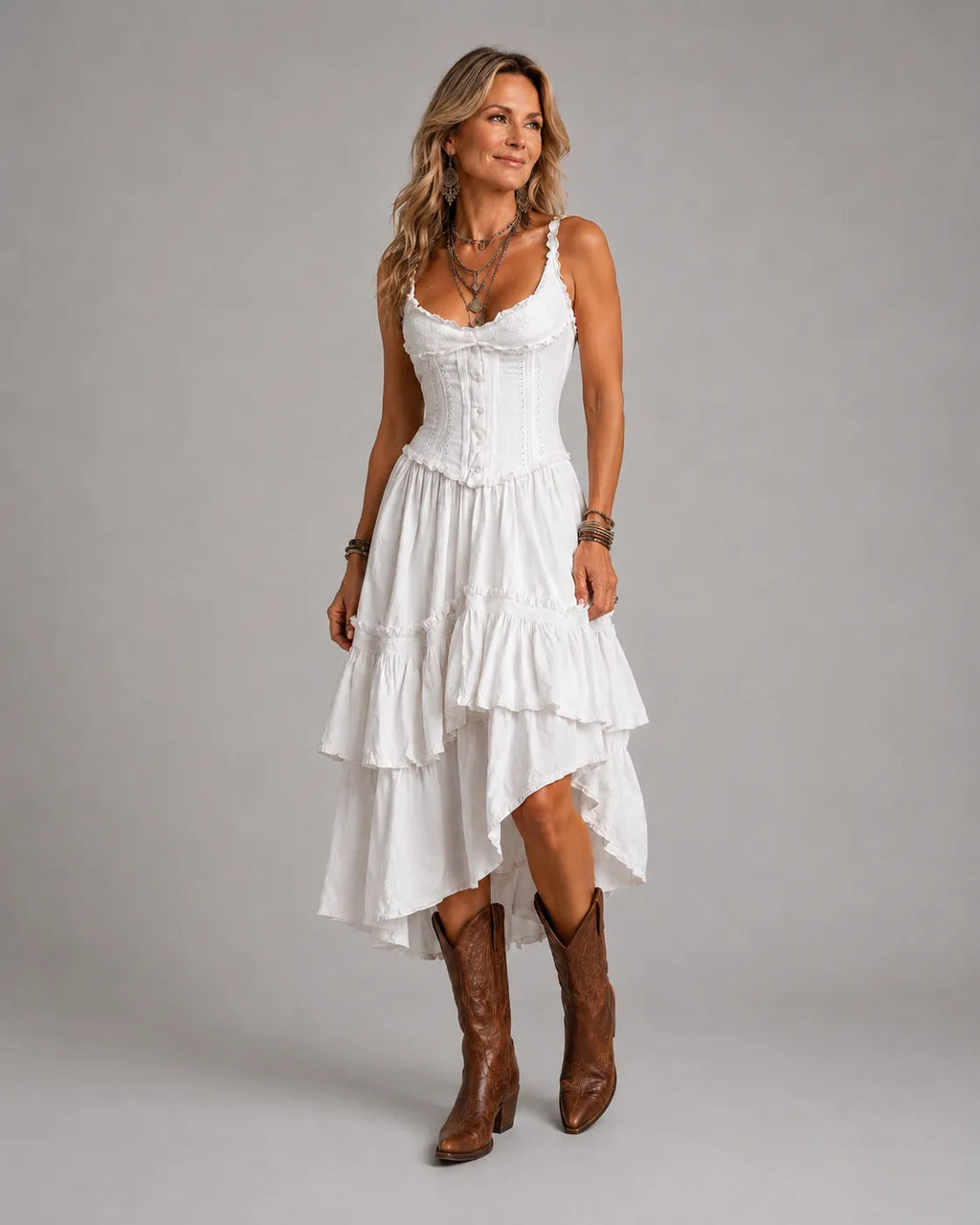 Marisela | Vestido midi con corsé, olanes escalonados y encaje