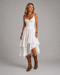 Marisela | Vestido midi con corsé, olanes escalonados y encaje
