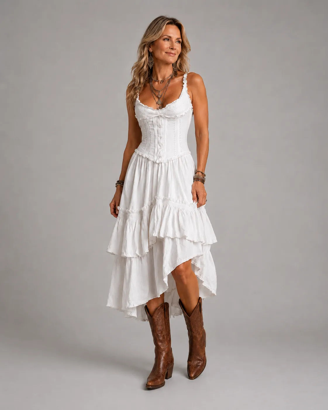 Marisela | Vestido midi con corsé, olanes escalonados y encaje