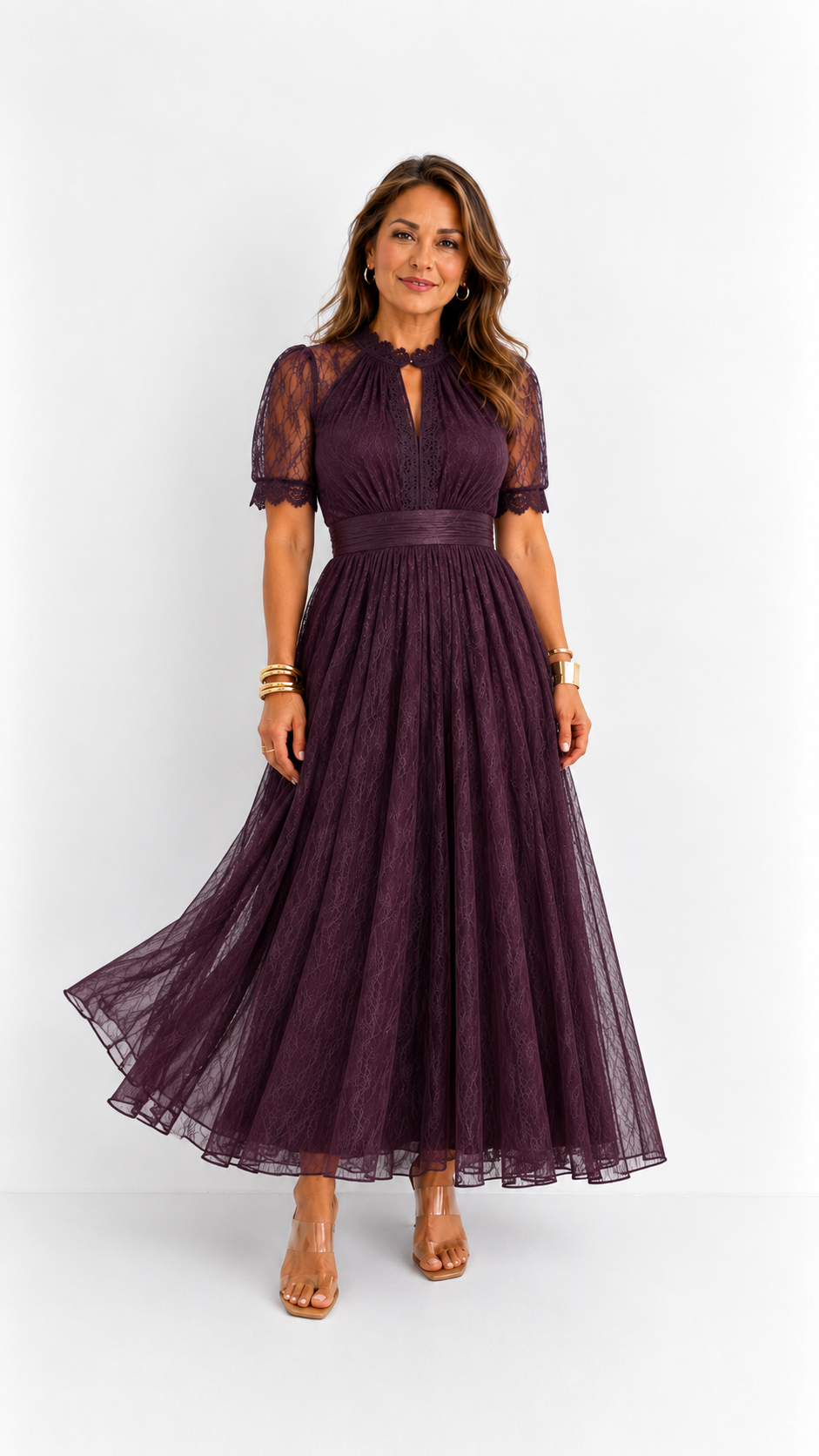 Flavia | Vestido largo color ciruela con escote tipo lágrima y detalles de encaje en chiffon