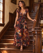 Carmela | Vestido largo floral tipo acuarela con corpiño plisado