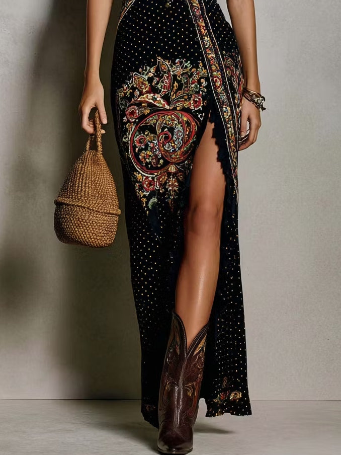 Amy | Vestido estampado estilo boho con escote en V profundo y abertura alta