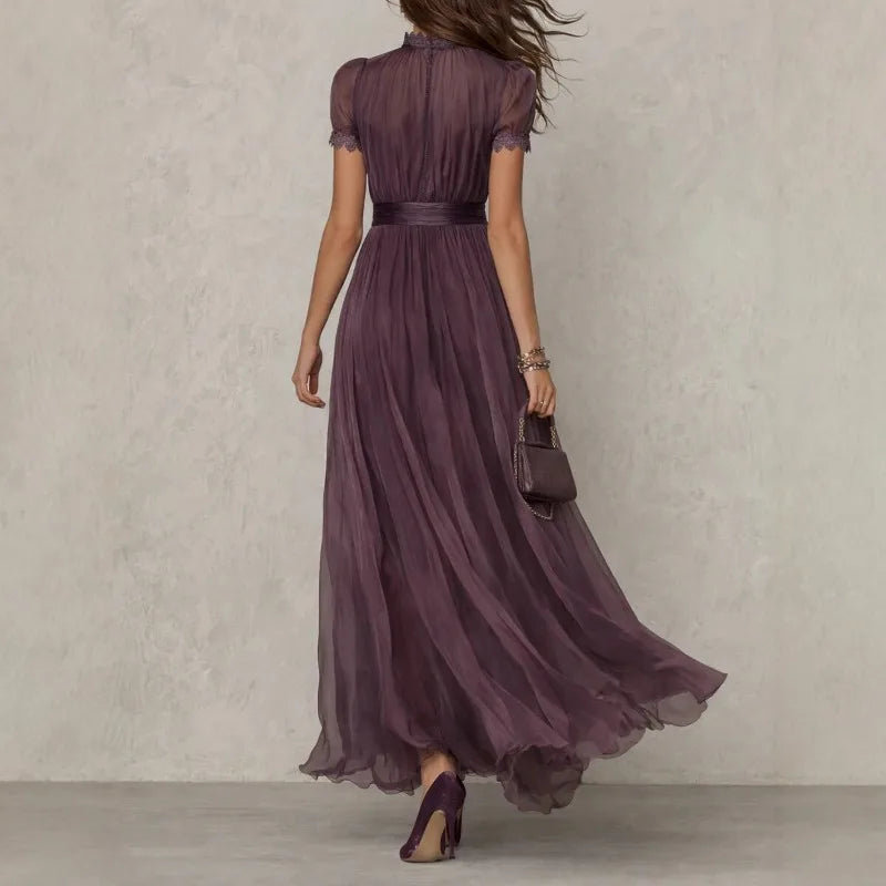 Winifred | Vestido largo de chiffon con cuello alto y mangas abullonadas