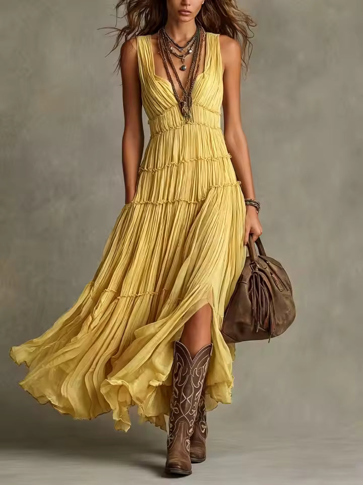 Anabella | Vestido largo de chiffon con olanes escalonados