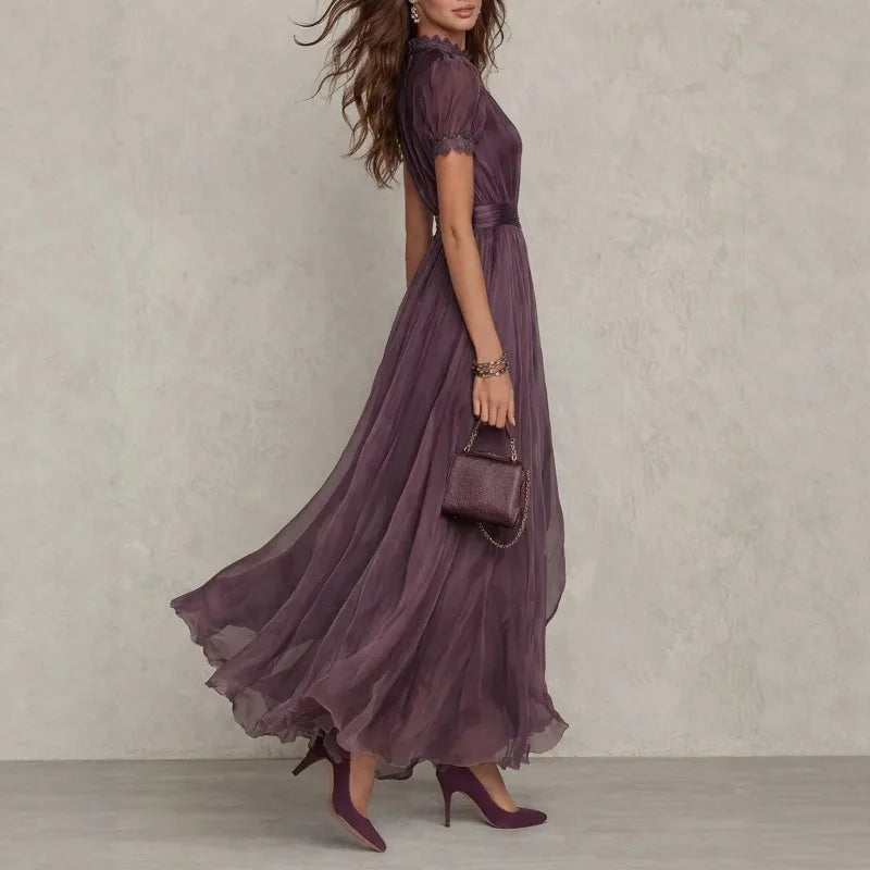 Winifred | Vestido largo de chiffon con cuello alto y mangas abullonadas