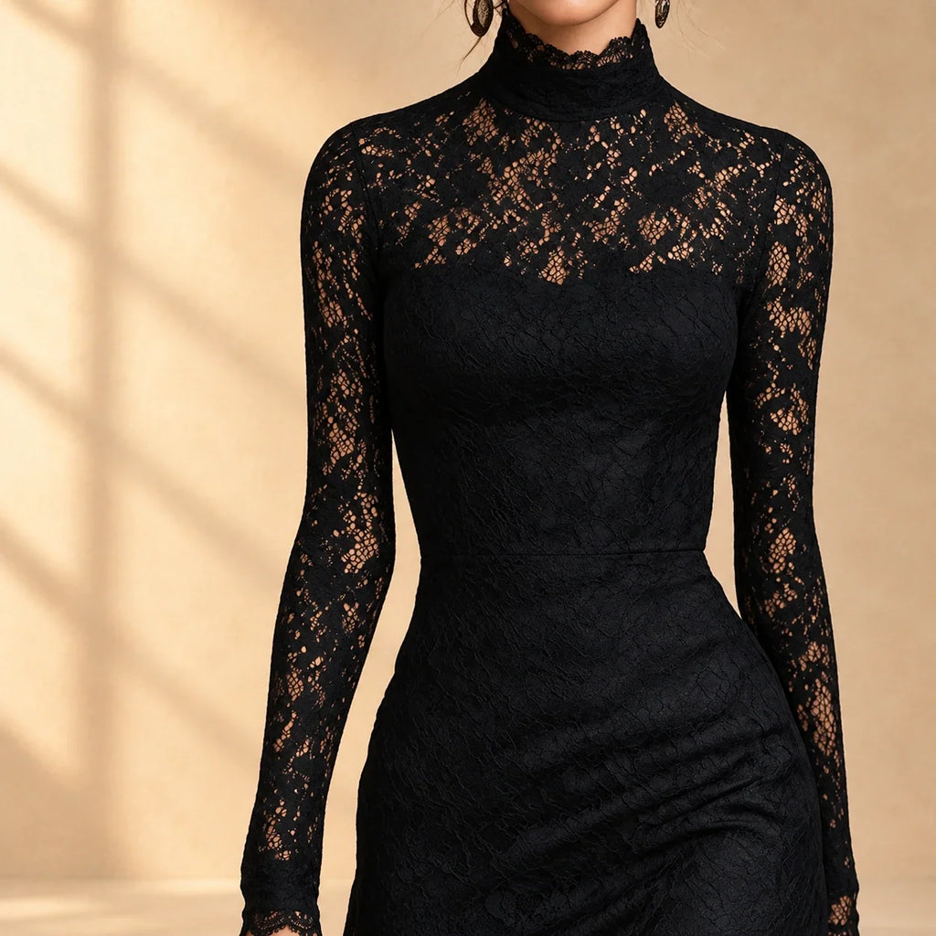 Arabella | Vestido de noche negro de encaje con cuello alto y manga larga