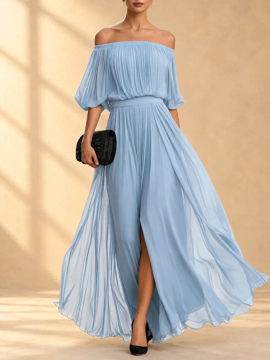 Genevieve | Vestido largo de chiffon con hombros descubiertos y falda vaporosa