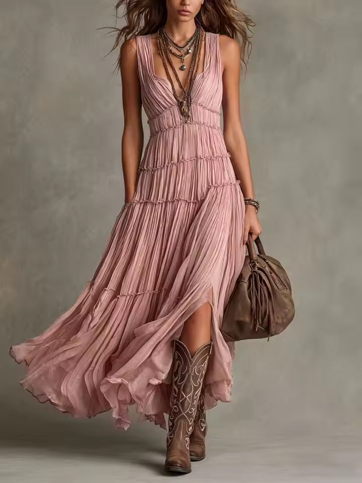 Anabella | Vestido largo de chiffon con olanes escalonados