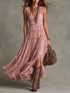 Anabella | Vestido largo de chiffon con olanes escalonados