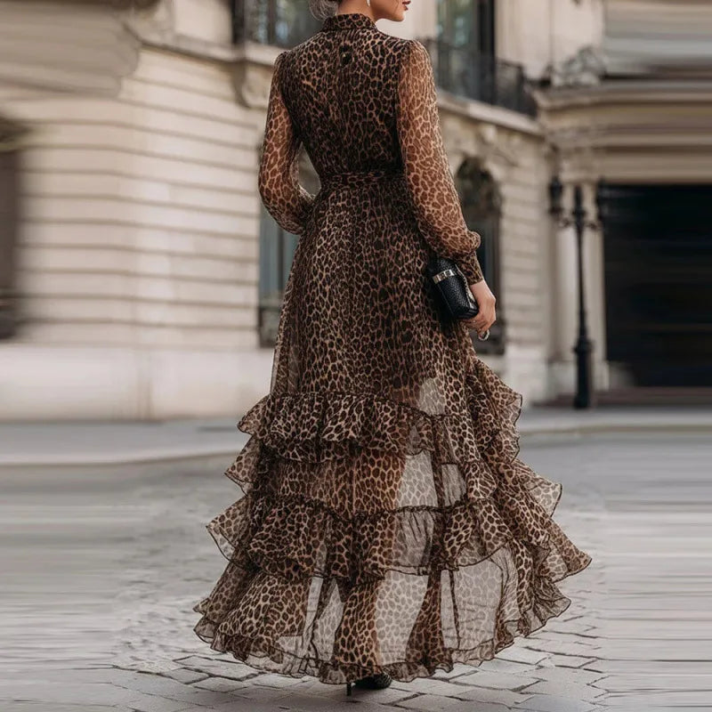 Savannah | Vestido largo animal print de leopardo con manga larga y talle alto