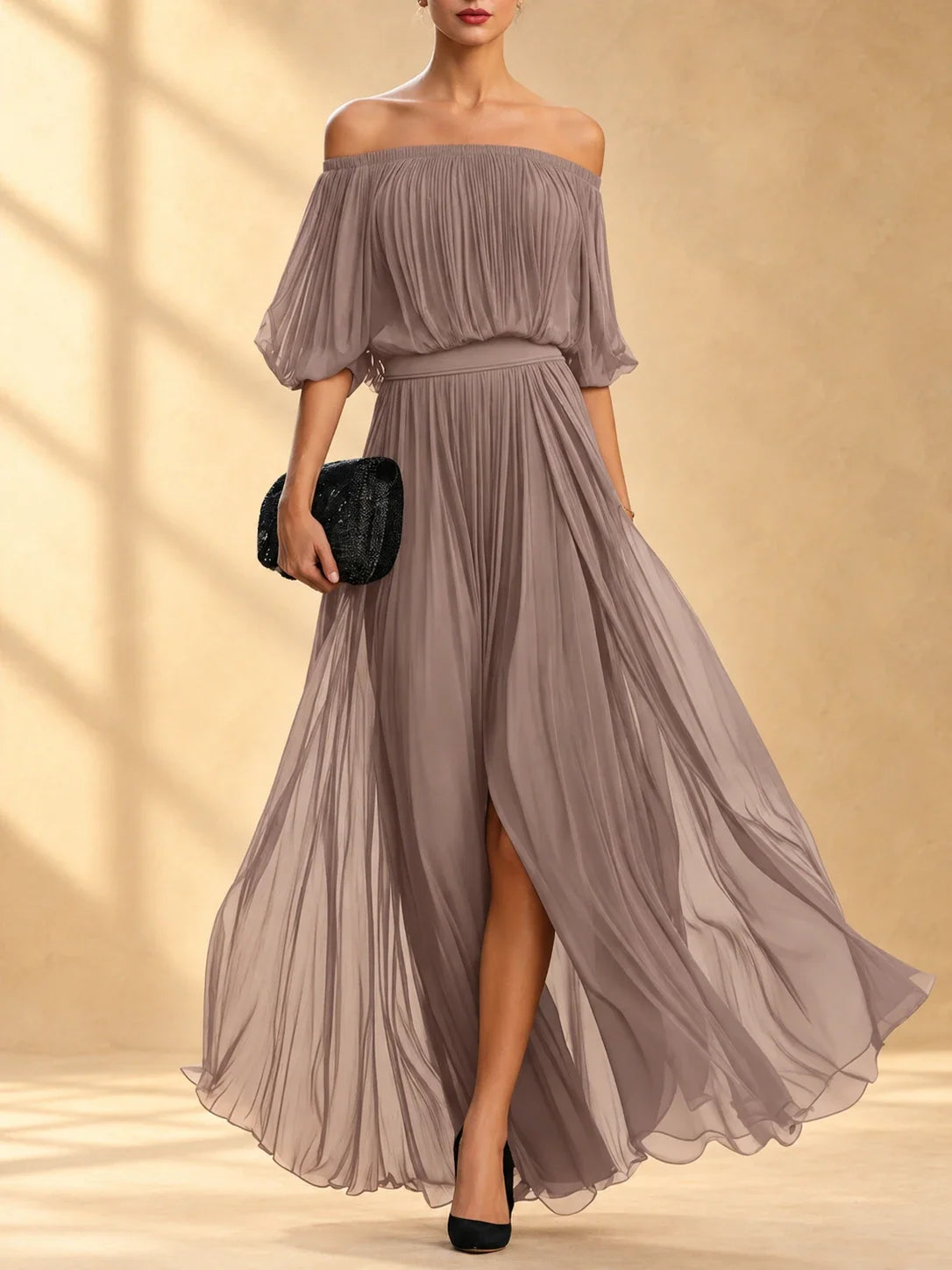 Genevieve | Vestido largo de chiffon con hombros descubiertos y falda vaporosa