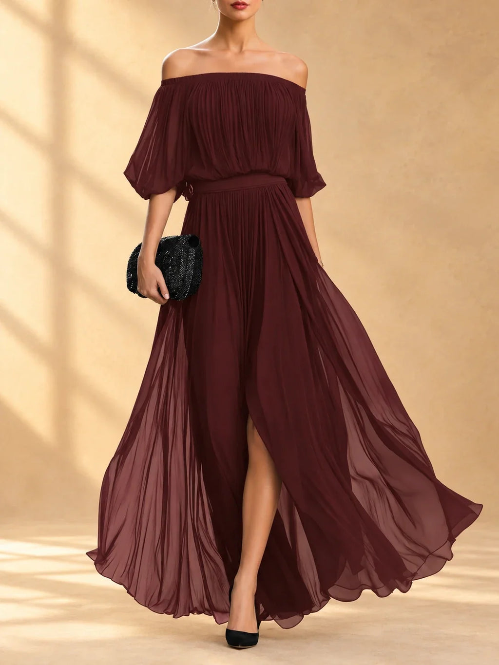 Genevieve | Vestido largo de chiffon con hombros descubiertos y falda vaporosa