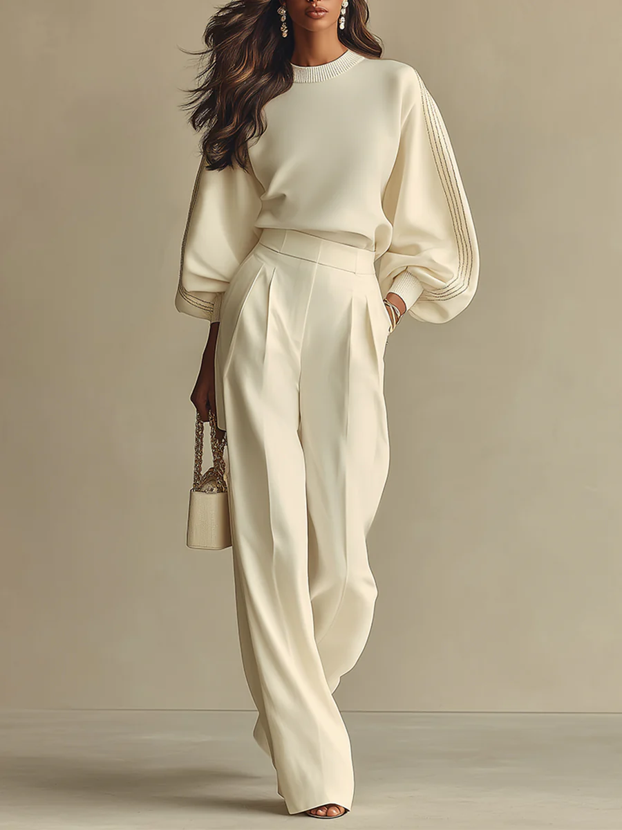 Emilia | Conjunto de Suéter con Mangas Amplias y Pantalón de Tiro Alto, Marfil