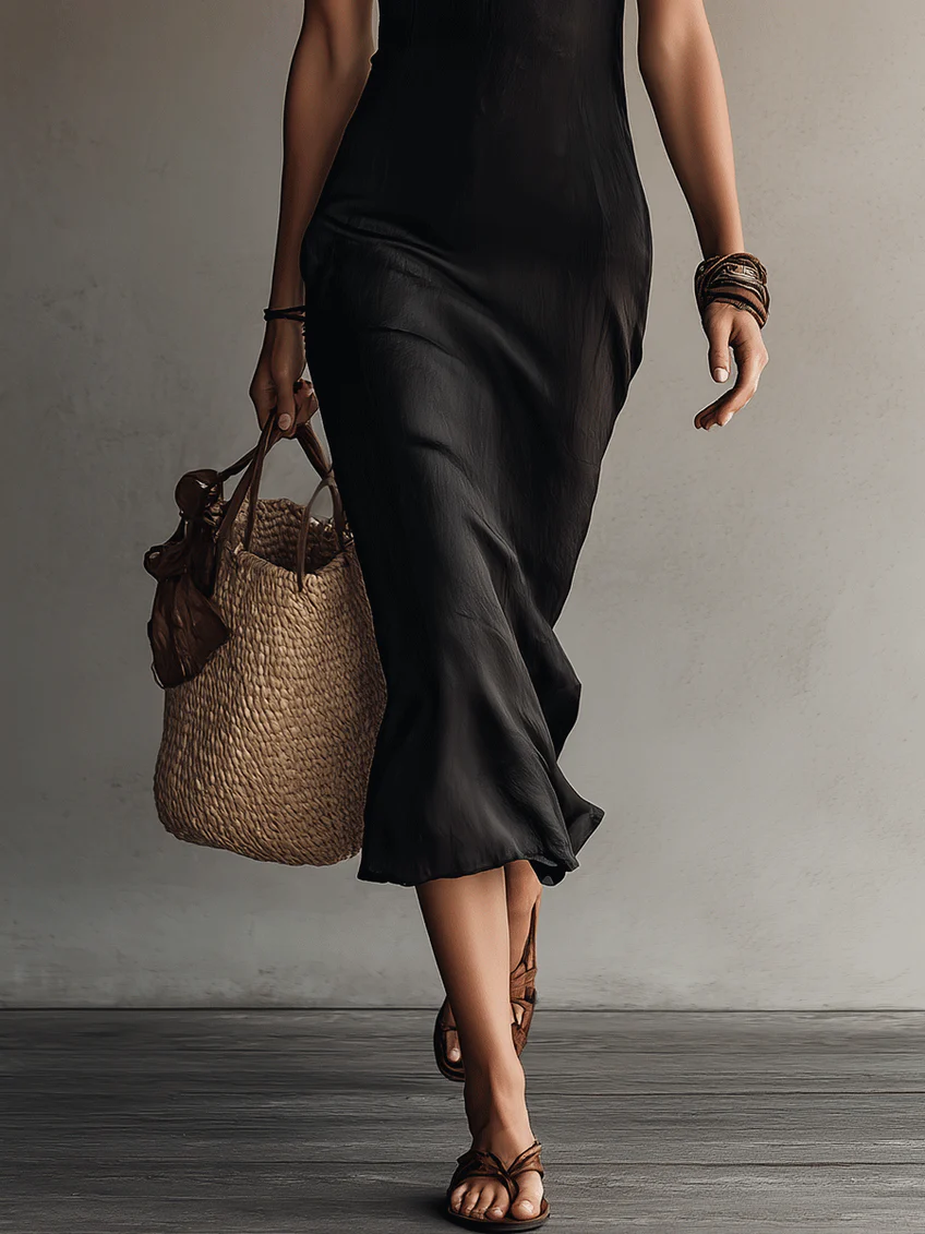 Adriana | Vestido midi negro sin mangas con escote en V y orillas de encaje