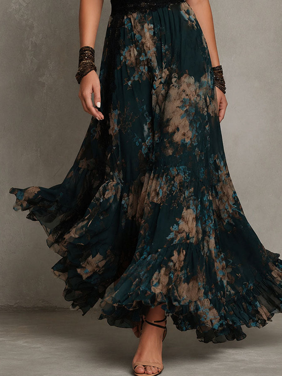 Gilda | Vestido largo floral escalonado con detalles de encaje