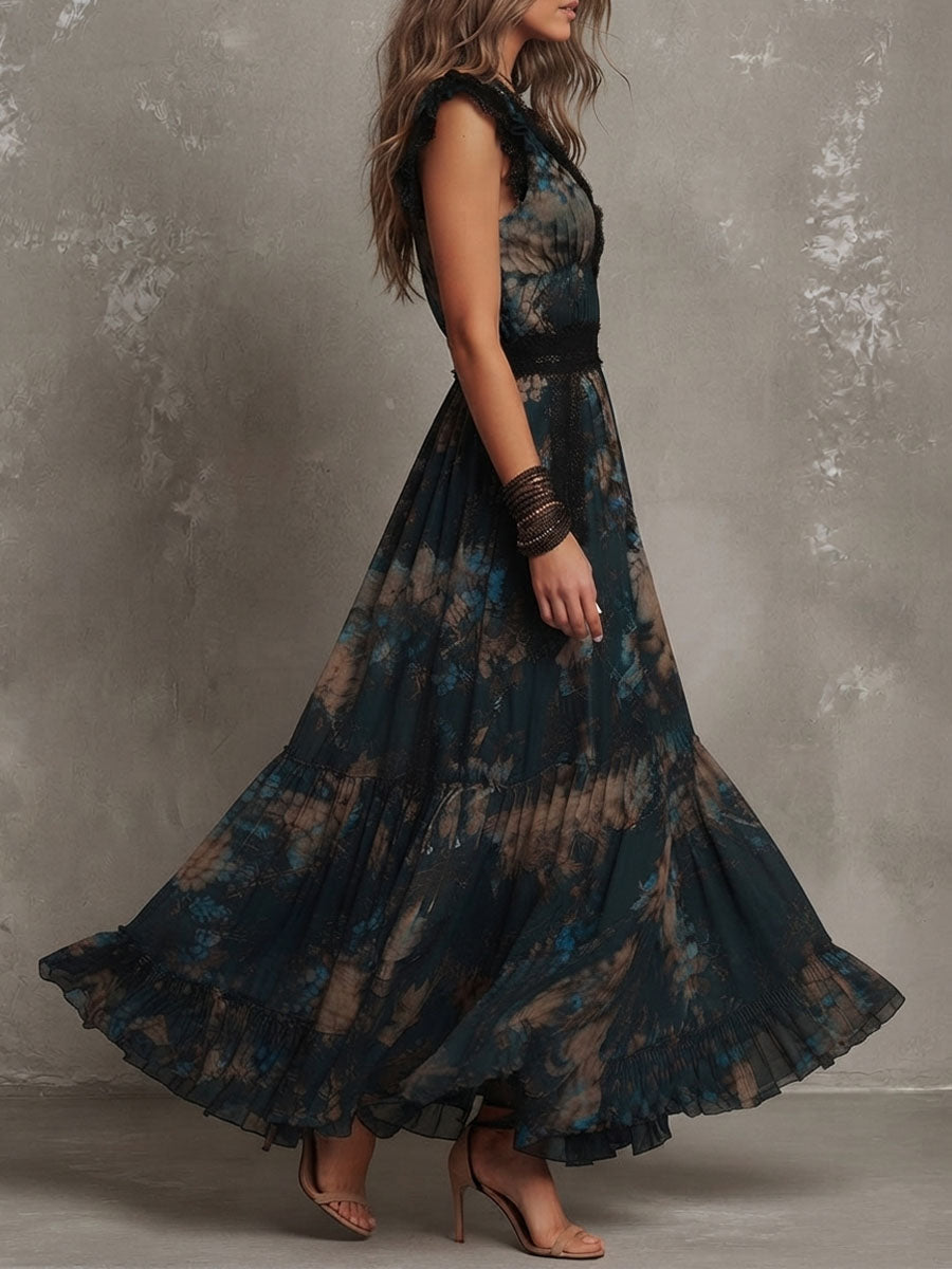 Gilda | Vestido largo floral escalonado con detalles de encaje