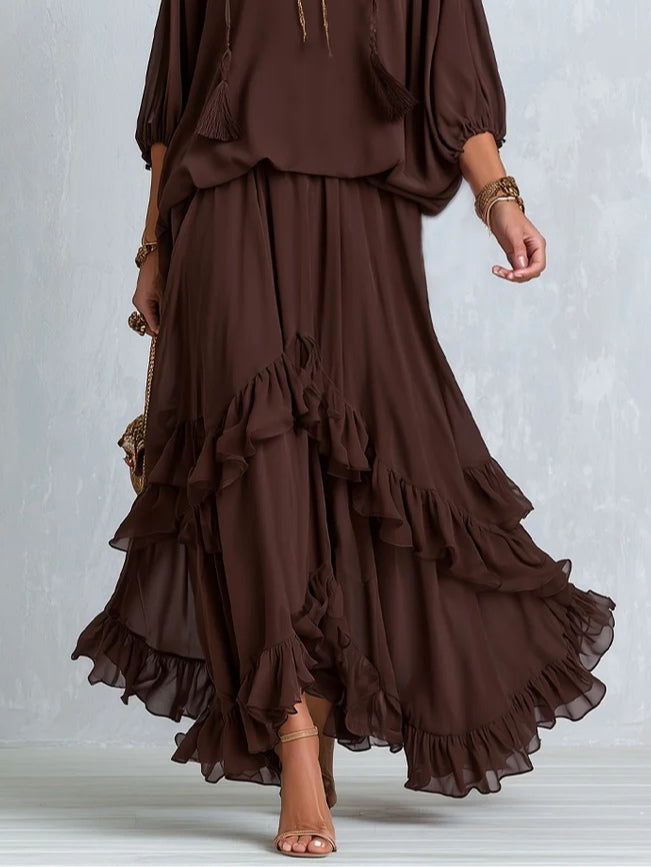 Emanuela | Conjunto de chiffon color café con olanes
