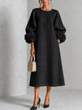 Diana | Vestido Midi de Mezcla de Lino con Puños en Forma de Rosa, Negro