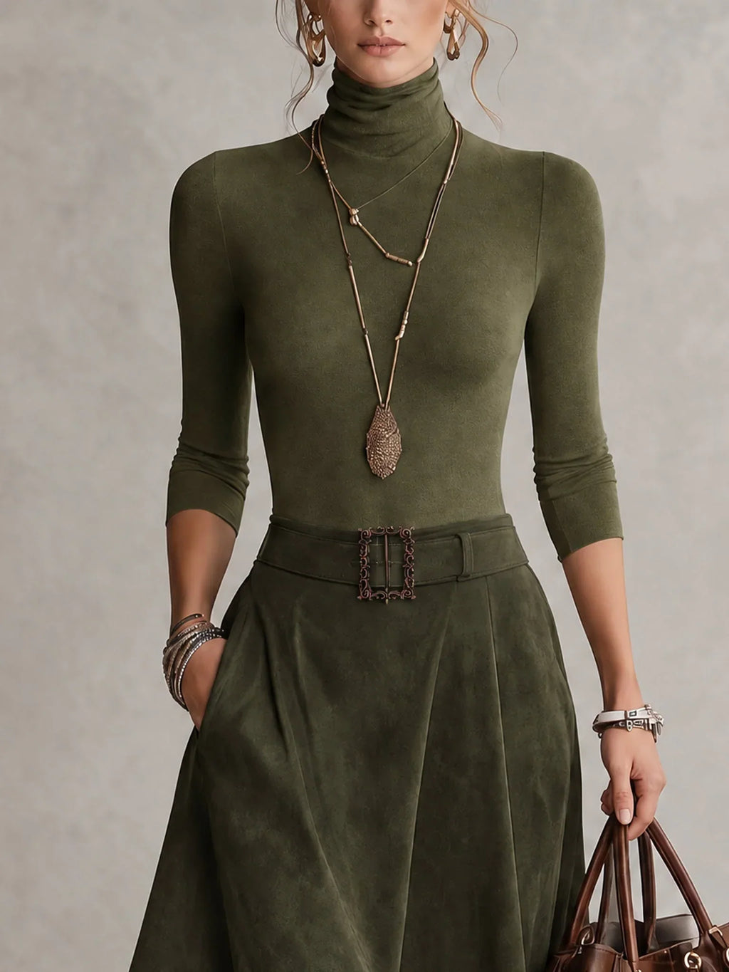 Pía | Conjunto de blusa de cuello alto y falda asimétrica
