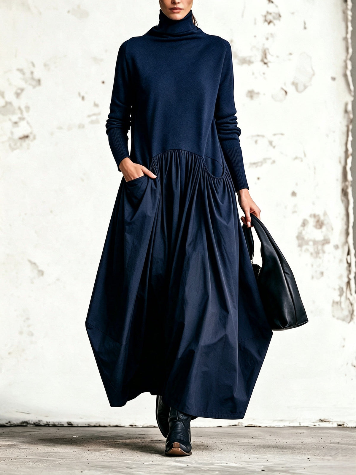 Ilaria | Vestido Maxi Oversize de Cuello Alto con Bolsillos