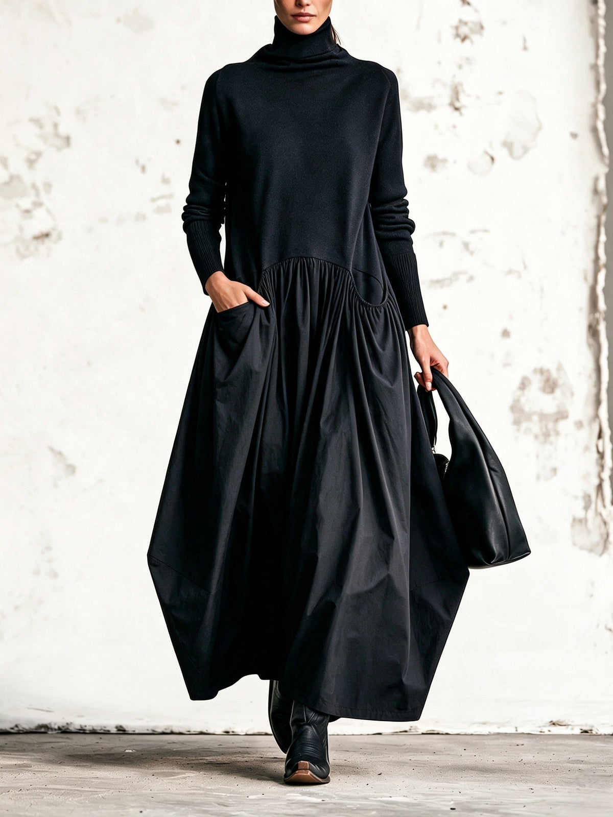 Ilaria | Vestido Maxi Oversize de Cuello Alto con Bolsillos