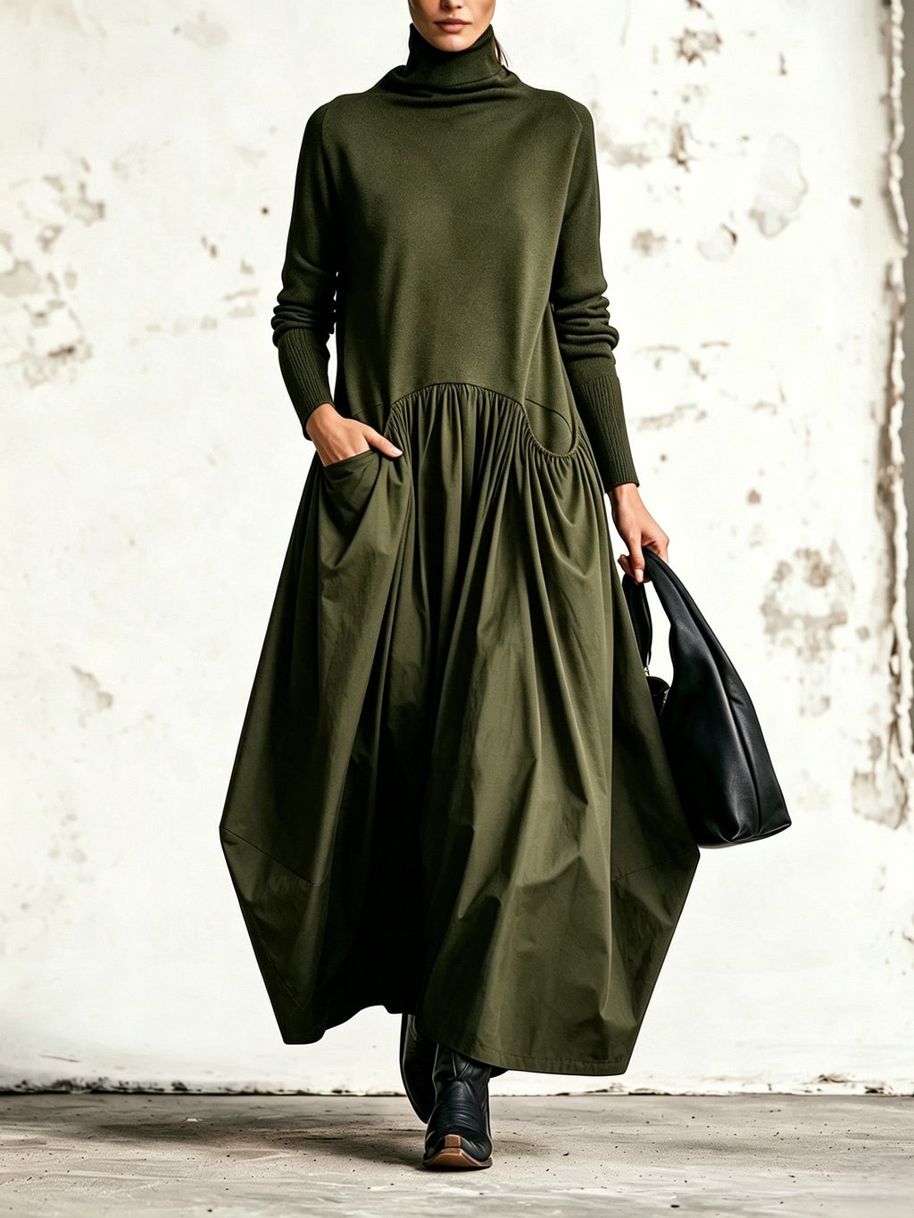 Ilaria | Vestido Maxi Oversize de Cuello Alto con Bolsillos