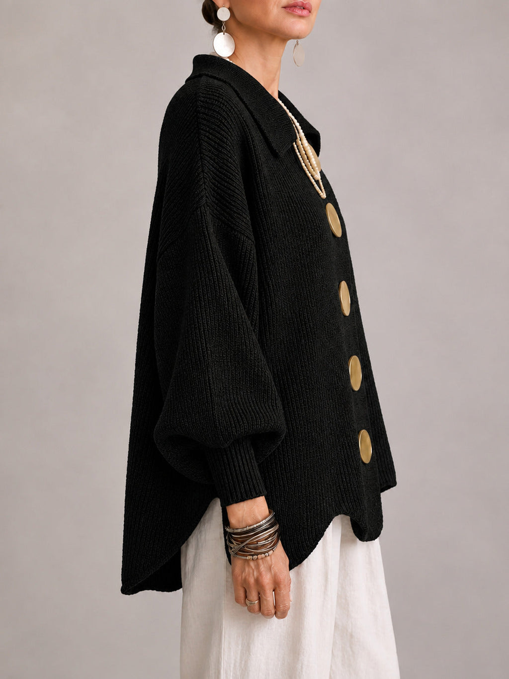 Maddalena | Cárdigan Oversize Acanalado con Dobladillo Festoneado, Negro