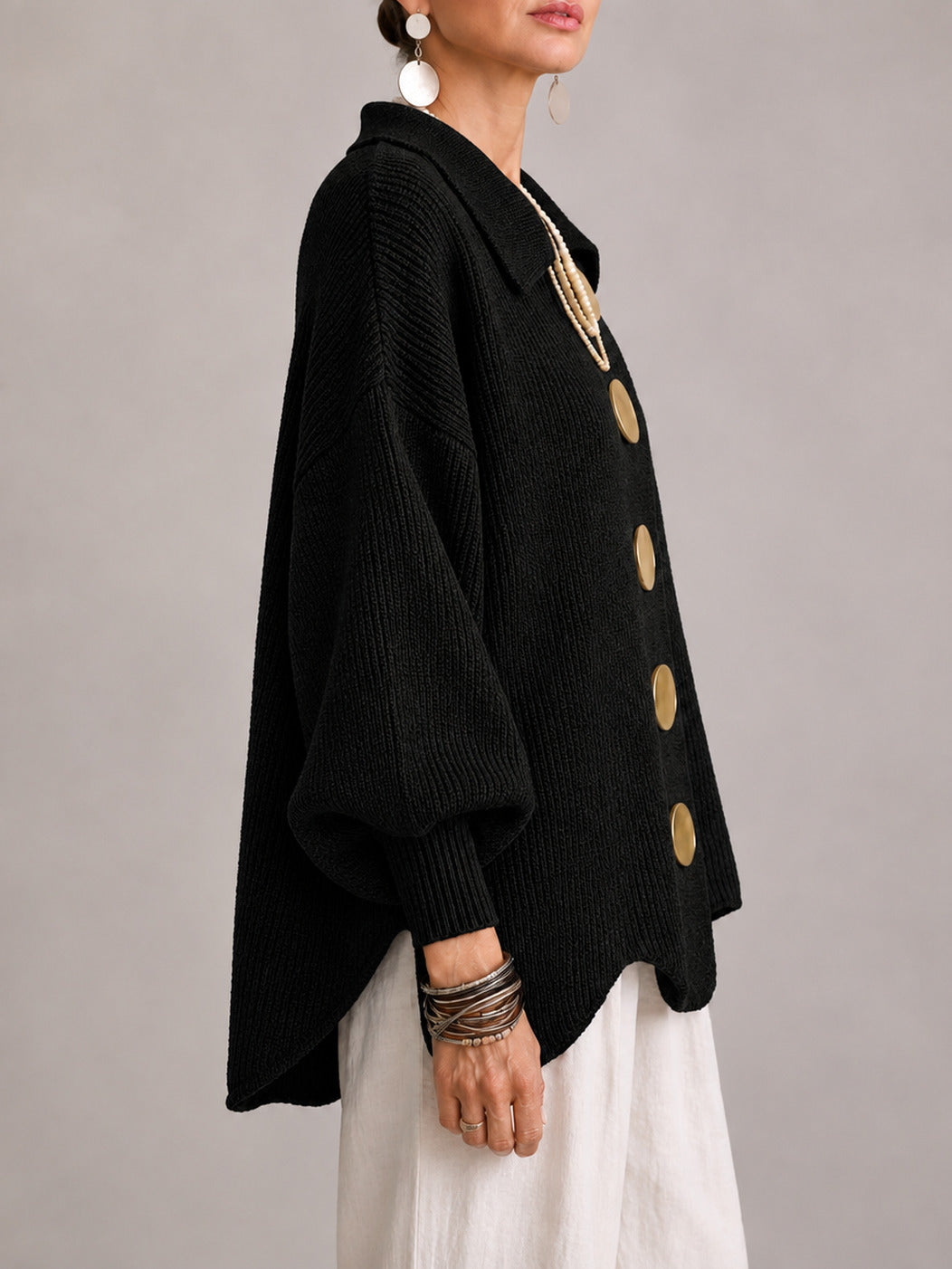 Maddalena | Cárdigan Oversize Acanalado con Dobladillo Festoneado, Negro