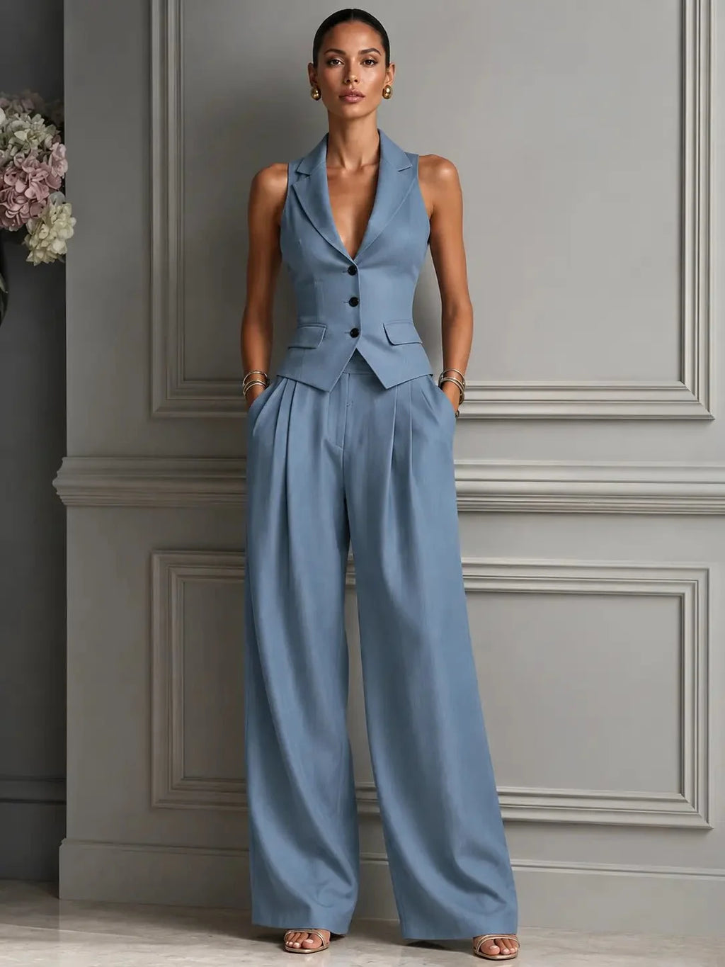 Selena | Conjunto de chaleco y pantalón de pierna ancha