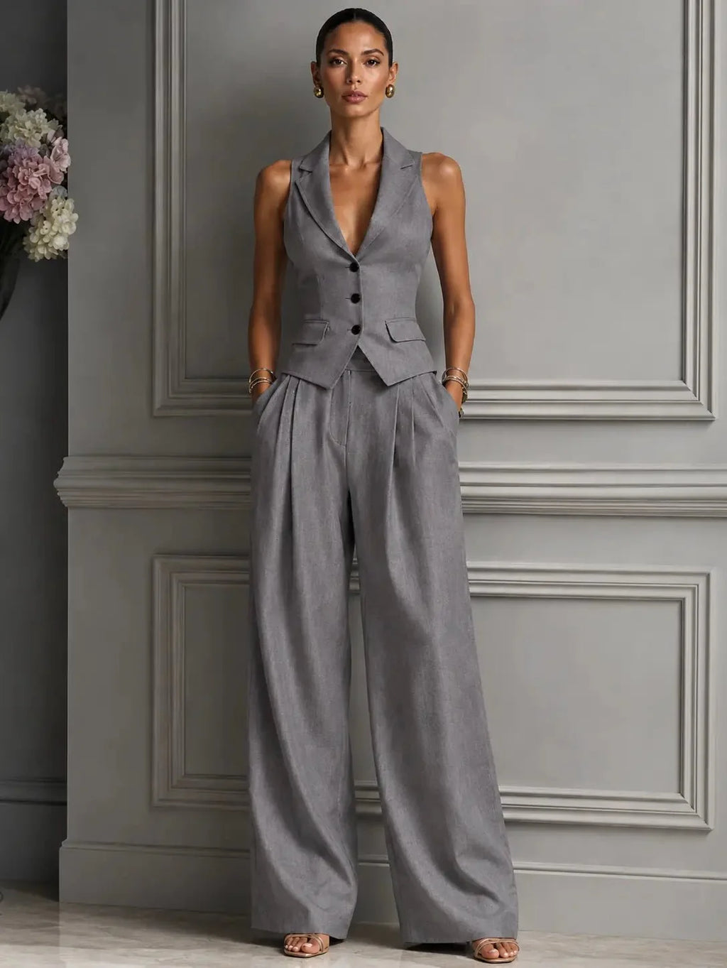 Selena | Conjunto de chaleco y pantalón de pierna ancha
